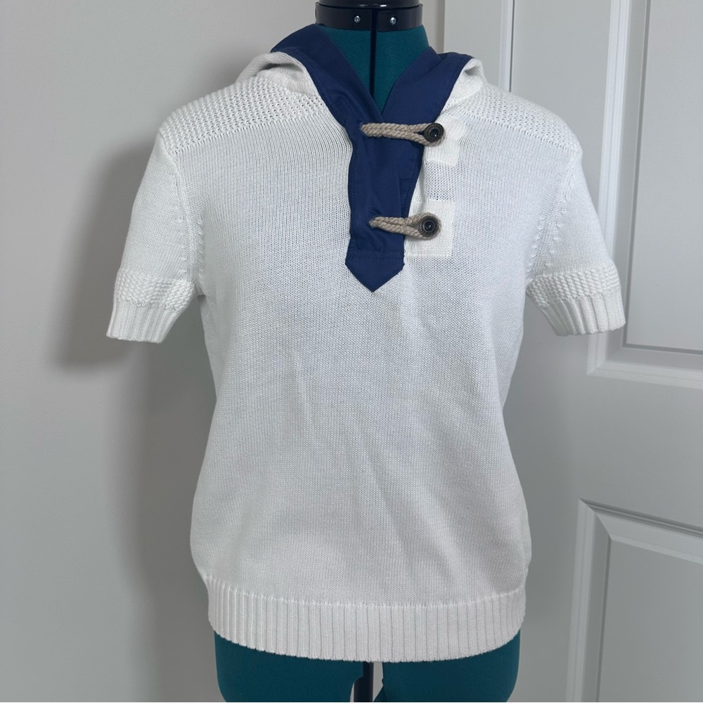 Ralph Lauren Women’s White and Navy Nautical Toggle Neck Hooded Knit Sweater- S